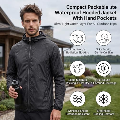Zouwel Men's Waterproof Hooded Jacket,Lightweight Windproof Packable Raincoat,Portable Sun Protection Outdoor Hiking Rain Jacket No Pocket (UK, Alpha, XL, Regular, Regular, BLack) — view 3