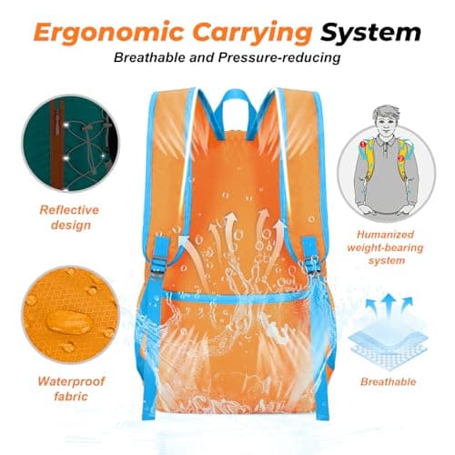 flintronic Lightweight Hiking Backpack, 30L Foldable Waterproof Rucksack, Back Pack Rucksack for Men Women Kids, Walking Backpack for Outdoor Sports, Hiking, Travelling, Camping, Orange — view 6