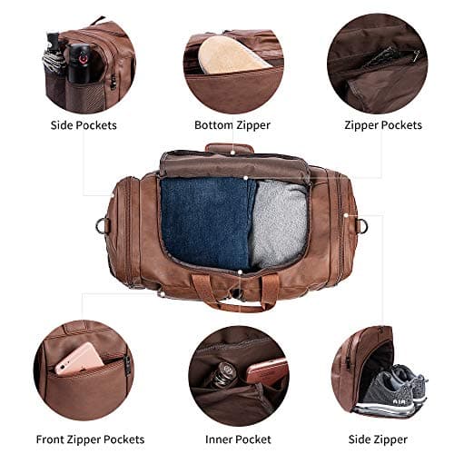 Weekender Bag with Shoe Compartment, Waterproof Pu Leather Overnight Bag Weekender Bag Mens Travel Duffle Bag Large Carry on Bag Travel Tote Duffel Bag for Men or Women-Brown — view 5