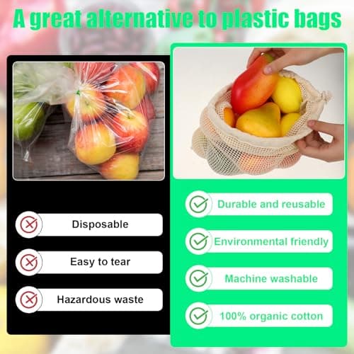 ZEYIYER 3 Pack Vegetable Bags Cotton Drawstring Bag, 35 x 28 cm Big Mesh Produce Bags for Vegetables Fruit, Reusable Produce Bags Washable Net Bags — view 4