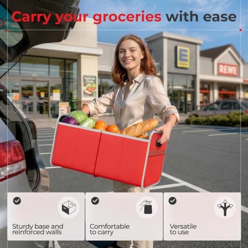 achilles Car Folding Box Xl, Foldable Trunk Bag, Shopping Organizer, Basket, Storage Bags, Box (Red, 50cm x 32cm x 27cm) — view 6