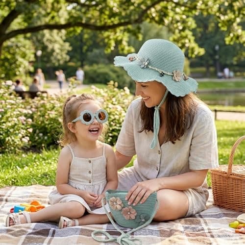 Little Girls Handbag Set, Girl's Straw Bag with Flower Sunglasses&Straw Hat — view 3