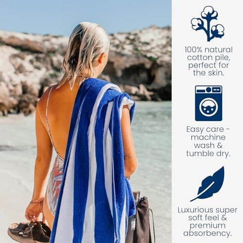 Allure Luxury Cabana Stripe Extra Large Beach Towel 100 x 180cm – 100% Cotton Travel Towel, Super Soft, Absorbent & Lightweight Pool Towel (Blue) — view 3