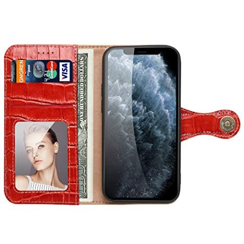 nincyee Genuine Leather Wallet Case for iPhone 13,Classic Crocodile Pattern Real Leather Flip Stand Case Cover with Card Slot Red — view 5