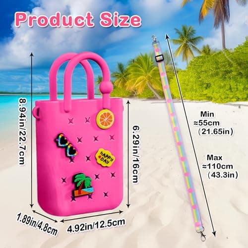 Oudizz Mini Rubber Tote Bag, Silicone Beach Tote for Little Girl & Woman, Cute Bag with 20 Charms & Adjustable Shoulder Strap (Hot Pink) — view 4