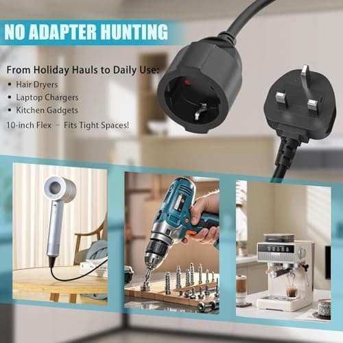 HITRENDS EU to UK Plug Adapter | 25CM Short Cable | With 13A Fused | Converts EU 2-Pin to UK 3-Pin | 250V/13A, 3250W for Power Tools & Appliances, Black — view 5