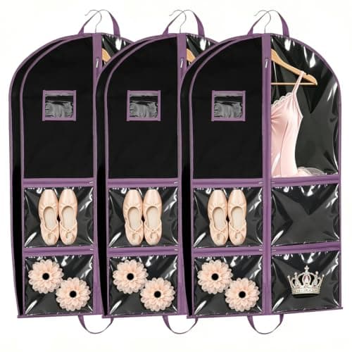 3 Pack Dance Costume Bags, 40 inch Garment Bags with 4 Clear Zipper Pockets