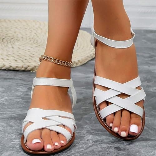 Women's Sandals UK Slingback Flat Feet Leather Roman Sandals Women Casual Travel Breathable Flip Flop Womens Wide Fit Slippers Ladies Summer Beach Shoes for Indoor and Outdoor Size 3.5-7.5 White — view 3