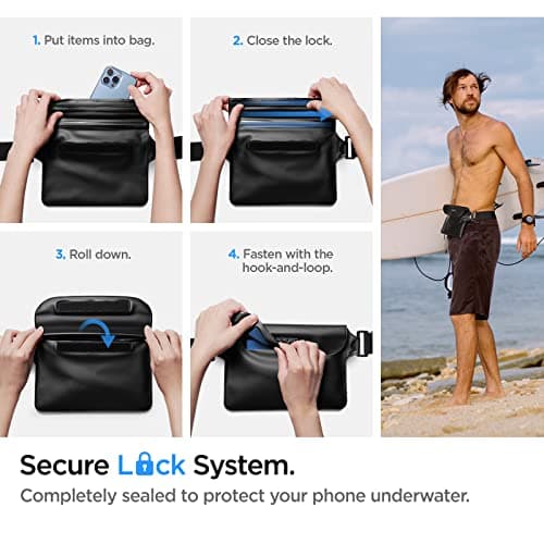 Spigen Aqua Shield Waterproof Dry Bag and Waterproof Phone Pouch, [Quad Seal Tech] IPX8 Bags with Adjustable Waist Strap for Ski, Snowboarding, Swimming, Paddle Boarding, Fishing, and Kayaking - Black — view 5