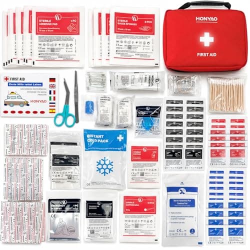 HONYAO® First Aid Kit 220 Pcs, First Aid Bag with Premium Waterproof Nylon Shell, Medical Kit for Home Workplace Car School Outdoor Camping, Includes Plasters, Cold Pack, Emergency Blanket etc. Red — view 2