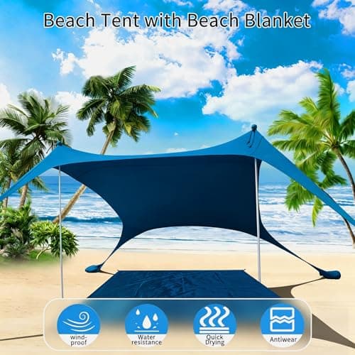 Cuupo Beach Tent Pop Up 2x2.1m UPF 50 Lycra Sun Protection Outdoor Anti-Wind Sun Protection with Stability Poles Backyard with Beach Blanket Petrol Blue — view 2