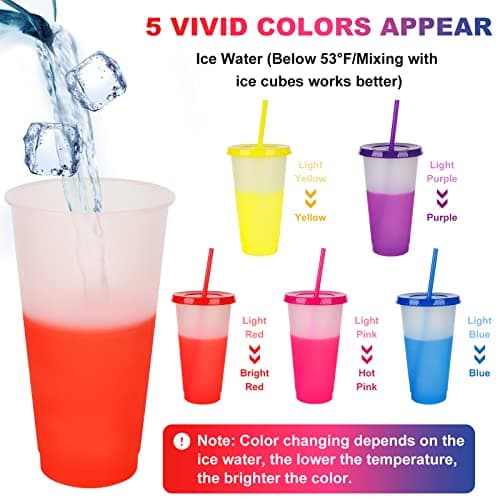 Echify Cold Cups with Lids & Straws - 5 Pack Bright Color Changing Cups 24oz Bulk Magic Tumbler Iced Coffee Cup Travel Mug - Reusable Plastic Cups Smoothie Milkshake Cup for Kids Adults — view 2