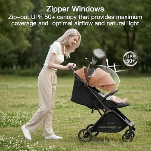Gromast Gravity Folding Baby Stroller - Portable Travel Toddler Stroller w/Adjustable Backrest, Canopy & Cup Holder, Lightweight and UV Protected, One-Hand Automatic Folding - Khaki — view 6
