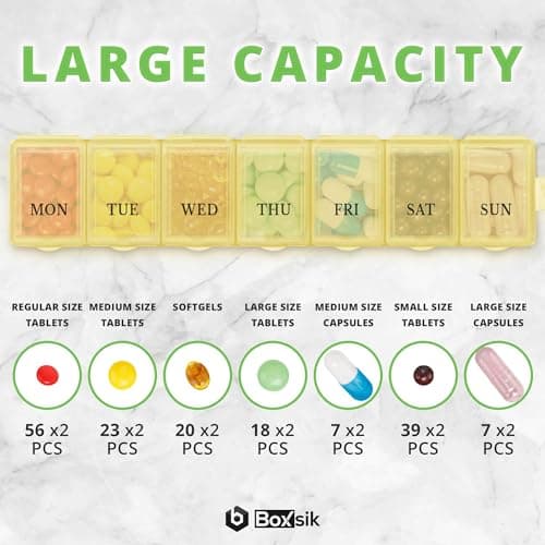 Boxsik Pill Box Organiser (Yellow), 7-Day 1 Times a Day Medicine Storage Case, Weekly Tablet Pills Container for Vitamins, Supplements & Travel Medication, Safe & Portable Medicine Holder — view 4