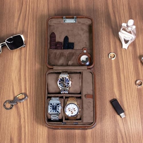 KAMIER Watch Box with Combination Lock - 4 Watch Storage and Jewelry Organizer - Luxury Watch Travel Case for Ring and Watch Storage, PU Leather Watch Cae, Ideal for Gift (With Gift Box), Brown — view 3