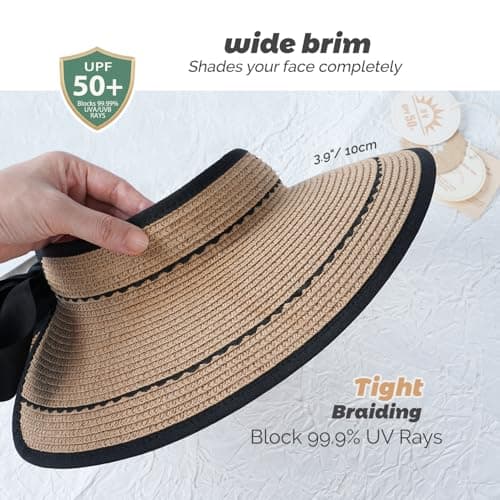 Creekstone Sun Visor Hats for Women Straw Visor Wide Brim UV Protection Packable Summer Beach Hat Ponytail Travel UPF 50+ (UK, Alpha, One Size, Khaki with Lace) — view 2