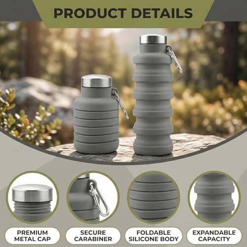 Gaomumu 500ML Collapsible Water Bottle, Silicone Travel Tumbler with Leakproof Cap, Foldable Gym Bottle with Carabiner Clip for Outdoor Sports, Hiking, Camping, Travel(Grey) — view 3