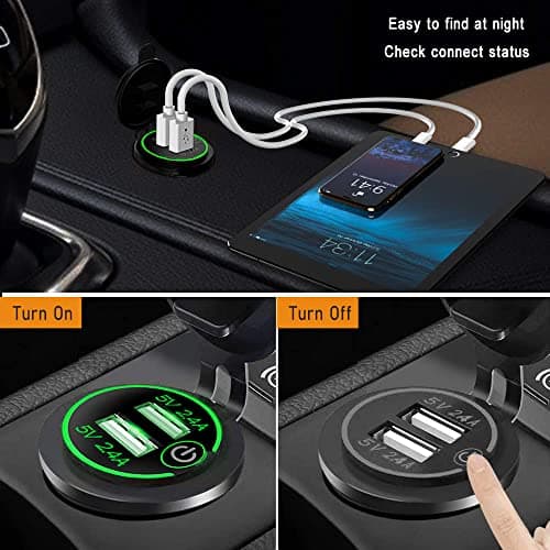 12V Car Charger Dual 4.8A USB Port Dual Cigarette Socket Lighter Plug Waterproof Charger with LED for 12V~24V Vehicles Car Boat Motorcycle SUV Truck Caravan Marine (Green) — view 3