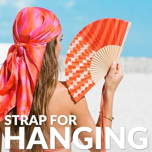 Fisura – Original Stripe & Wave Print Folding Fan, Modern and Colourful Folding Handheld Fan, Red Design for Wedding, Rave, Festival - Includes Strap. Size: 42.5 x 23 cm — view 3