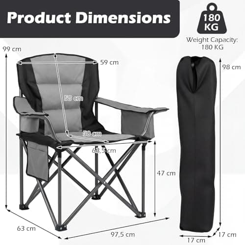 COSTWAY 180kg Oversized Camping Chair, Portable Folding Chair with Carrying Bag, Zippered Cooler Pouch, Cup Holder and Side Storage Pocket, Outdoor Padded Lawn Chair for Fishing & Picnics (Grey+Black) — view 3