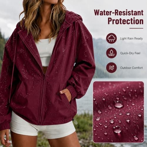 duxyoz Lightweight Hoodies Women Waterproof Running Jacket Lightweight Zip Up Rain Jacket Rain Coats for Women Pac A Mac Raincoat Outdoor Travel Active Jackets for Hiking Running Cycling Walking Wine — view 4