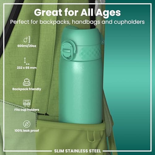 Ion8 Lightweight Steel Water Bottle, 600 ml/20 oz, Non-Insulated, Leak Proof, Easy to Open, Secure Lock, Dishwasher Safe, Flip Cover, Fits Cup Holders, Carry Handle, Metal Water Bottle, Teal Green — view 2