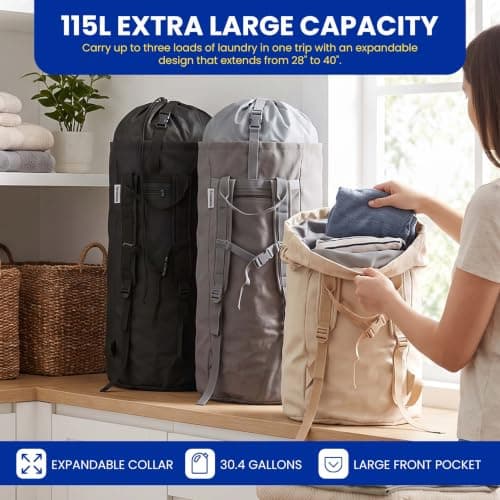 THRYZZLE Backpack Laundry Bag - 115L Large Heavy Duty travel Laundry Bag, Dirty Clothes Bag with Shoulder Straps, Hanging Laundry Hamper with Drawstring Closure for College Dorm, Apartment (Gray) — view 5