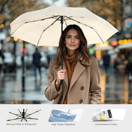 SoulRain Travel Umbrella - Windproof and Compact Umbrella for Rain - Perfect Large Auto Folding Umbrella - Ideal Car umbrella, Golf umbrella, and Travel Companion (Cream) — view 6
