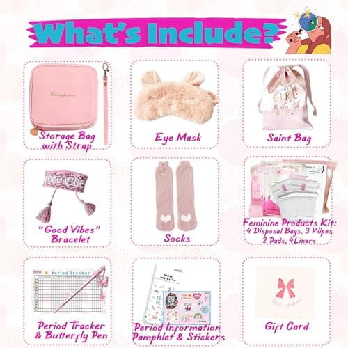 First Period kit for Girls | 22 PC Period Packs for Young Girls First Time | First Period Gift for Teen Girls with Sanitary Pad Storage Bag, Wipes, Bracelet, Eye Mask, Socks and More (Pink) — view 2