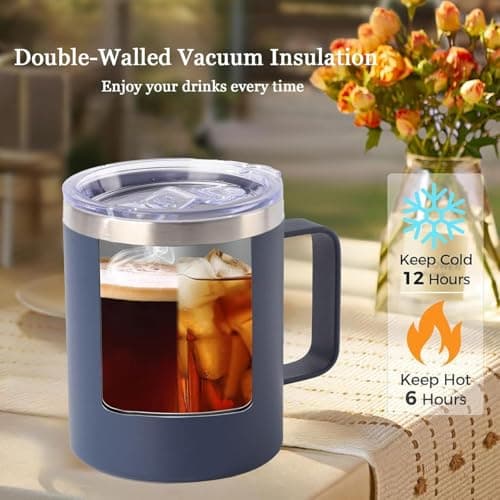 Maideduo Thermal Mug, Insulated Coffee Mug with Handle and Lid, Insulated Camping Mug, Double Walled Stainless Steel Beer Mug, Spill Proof, Reusable(12oz White) — view 4