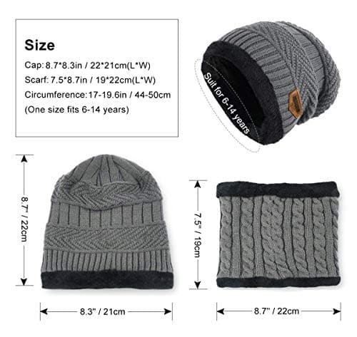 HIDARLING Kids Winter Hat Scarf Set - Warm Thermal Knitted Beanie Cap Snood Neck Warmer Outdoor Sports Soft Fleece Lining Elastic for Children Boys Girls Aged 5-10 (Grey) — view 2