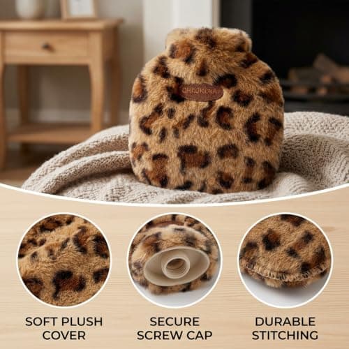 Small Hot Water Bottle, Mini Hot Water Bottle with Cover, Leopard Print Water Bottle for Travel, Compact 350ml Capacity, Ideal for Pain Relief and Warmth — view 3