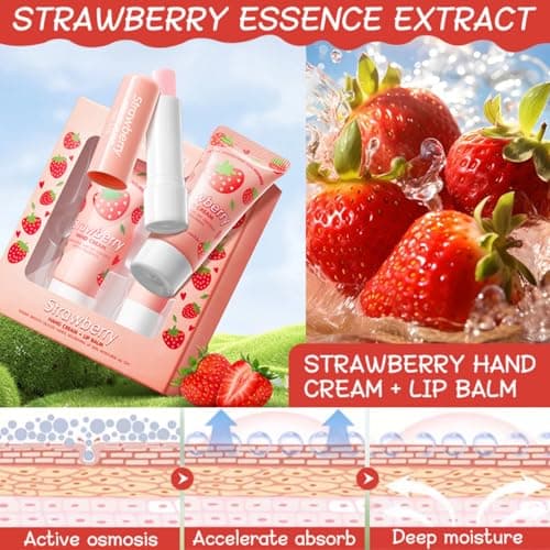 Wenrny 2 Set Hand Cream and Lip Balm Bulk,Moisturizing Hand Cream Gift Set for Women Girls,Winter Hands Lotion Set,Travel Size Hands Lotion(15g),Hydrating Honey Lip Care Balm(3.2g) (Strawberry, One) — view 5