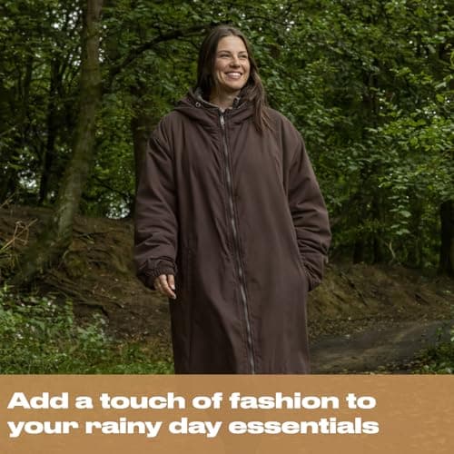 OHS Rain Coats for Women Men, Oversized Waterproof Changing Robe Fleece Lining Women's Jackets with Hood & Pockets Drying Robe Lightweight Ladies Jackets for Outdoor Travel, Brown - L/XL — view 4