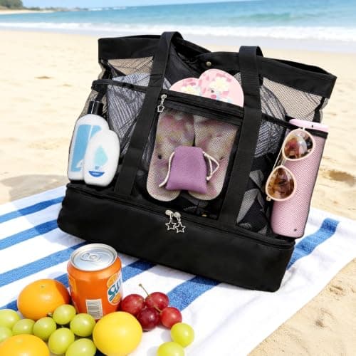 Daily Treasures Mesh Beach Bag with Cooler, 35L Large Travel Tote for Women, Sandproof Beach Tote Bag with Durable 9 Pockets, Extra Large Totes for Pool Cruise Travel Swimming, Vacation Essentials — view 3