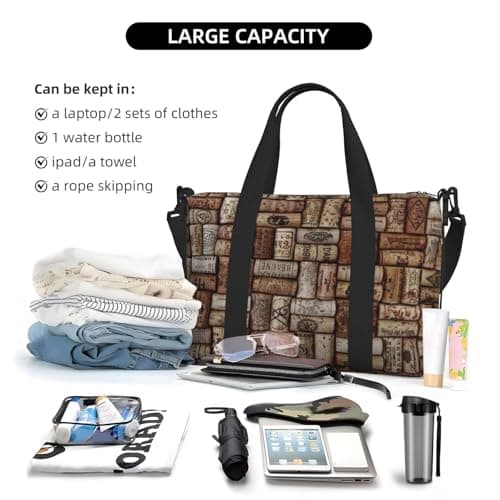 Wine Cork Printed Travel Bag Duffle Bag for Men Women, Large Water Resistant Gym Bag Weekend Holdall Bag with Shoulder Strap — view 4