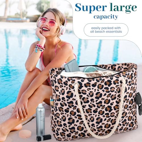 Large Beach Bag for Women with Zip,Summer Beach Tote Bags with Pockets — view 3