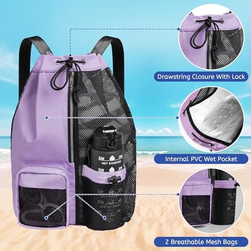 CHEPULA Swim Bag Mesh Drawstring Backpack with Wet Pocket, Waterproof Gym Bags for Beach Swimming Pool Gym Workout Men Women (Purple) — view 3