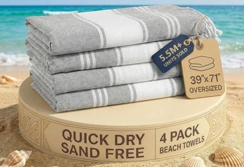 LANE LINEN Oversized Beach Towels – 4 Pack, Cotton Rich & Quick Dry, Lightweight Sandproof Pool Towels for Adults, Pre-Washed & Absorbent, Alloy Gray