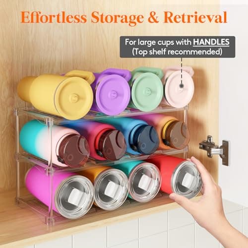 Lifewit Stackable Water Bottle Storage Organiser, Wine Bottle Holder for Cupboard, Plastic Large Compartment Tumbler organiser, Clear Wine Rack, Mug Cup Holder for Kitchen Storage, 3 Tier Hold 12 — view 4