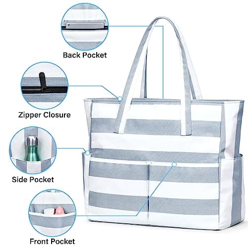 oscaurt Beach Bags for Women, Waterproof Beach Bag with 9 Pockets Large Capactiy Tote Bag with Zip Holiday Essentials for Women — view 4
