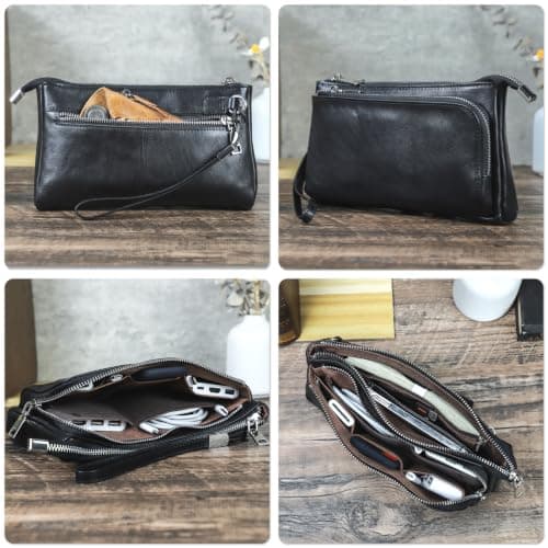 Electronic Organizer Zipper Bag Tech Kit, Top Grain Leather Handmade, Portable Compact Travel Apple Accessories Storage Pouch Fits Phone, USB Cables, Power Banks, Chargers, Hard Drive, Black — view 2