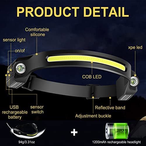 Head Torch Headlamp 2 Packs 6 Modes Motion Sensor Headlight 260 Degree Widen View Rechargeable LED Headtorch IPX4 Waterproof Hands-Free Flashlight gift for Adults Kids Camping,Running,Fishing,Cycling — view 5