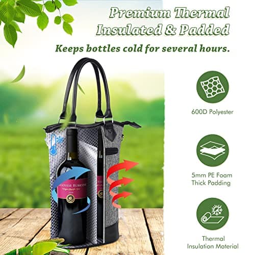Kato Tirrinia Wine Cooler Bag, 2 Bottle Insulated Wine Carrier Tote with Adjustable Shoulder Strap + Free Corkscrew, Picnic, Camping and Beach, Great Wine Lover Gift — view 3