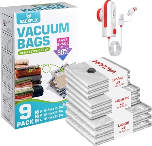 VACKFOX Travel Vacuum Bags with USB & TYPE C Pump,9 Pack Carry-On Size Vacuum Storage Bags for Luggage and Suitcase,Vacuum Luggage Bags,Space Saver for Clothes and Clothing Travel(Red)