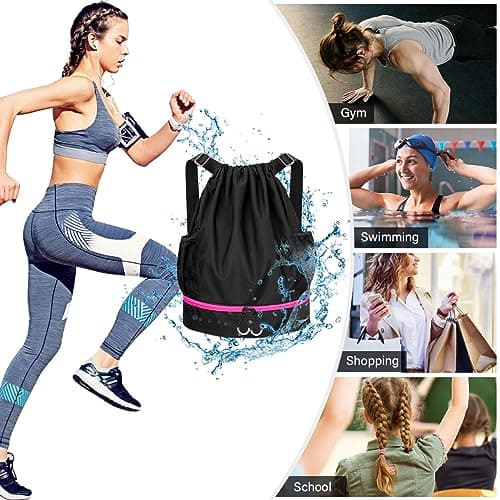RYACO Drawstring Backpack Sports Gym Bag, Water Resistant String Sackpack Large Size with Zipper and Water Bottle Mesh Pockets for Gym Shopping Sport Yoga School Swimming Beach (Black & Pink) — view 6