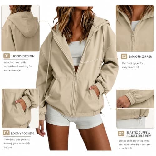 duxyoz Summer Rain Jacket Women Zip Up Hoodies for Women UK - Waterproof,Shower Proof,Windproof,Packable,Hooded,Long Sleeve,Zipper,2 Pockets,Adjustable Hem,Lightweight Raincoat Women — view 6