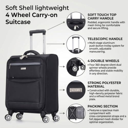 DK Luggage 55x40x20 cm Lightweight Cabin Suitcase for Ryanair, Wizz air, EasyJet, BA, Jet 2 Soft Shell 4 Wheel Spinner Carry on Hand Luggage (WLS Black, 20" Cabin) — view 4
