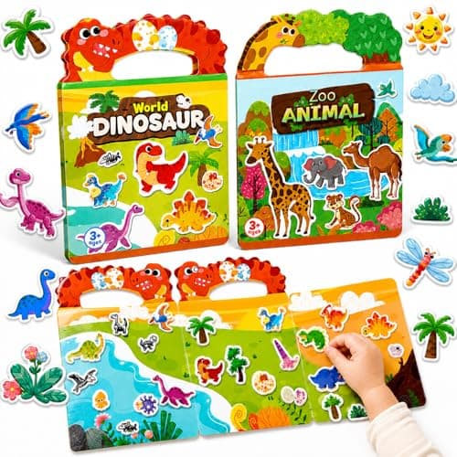 Dubydu Reusable Sticker Book for Kids 2-6, Puffy Sticker Books with Animals & Dinosaurs Themes, Kids Sticker Books Activity Set, Toddler Sticker Book Travel Toy Gifts for Boys Girls