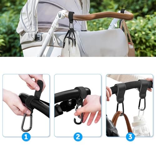 Bdwing 2pcs Buggy Clips for Changing Bag Handbag, Non-Slip PU Leather Pram Hook for Buggy Pram Rocker Stroller Pushchair Rollator Mobility Scooter Universal Accessories Baby Travel Essentials (Black） — view 4